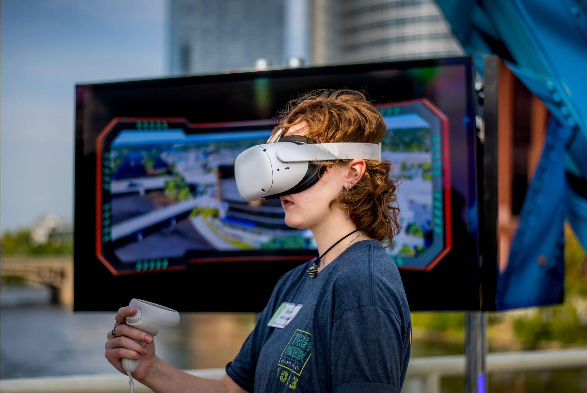 Shay McCarthy is a student volunteer helping with Tech Week Grand Rapids event GR in XR on the Blue Bridge September 21.